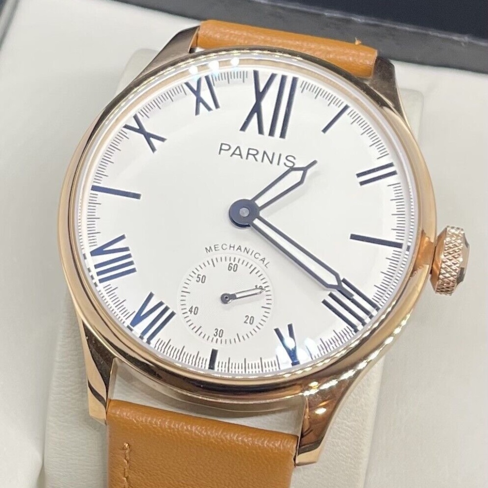 Parnis 44mm White Dial Rose Gold Leather Band Hand Winding 6498 Mechanical Watch